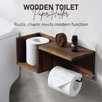 1Wall-Mounted Wooden Toilet Paper Shelf Organizer with Metal Roll Holder and Storage Cubby Miroken