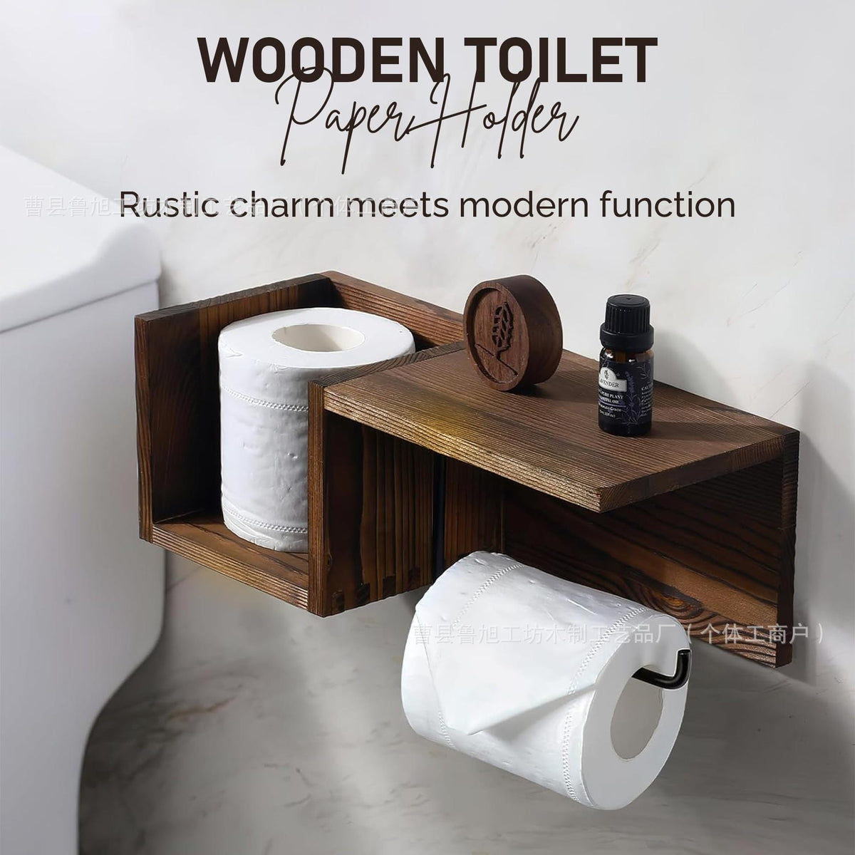 1Wall-Mounted Wooden Toilet Paper Shelf Organizer with Metal Roll Holder and Storage Cubby Miroken