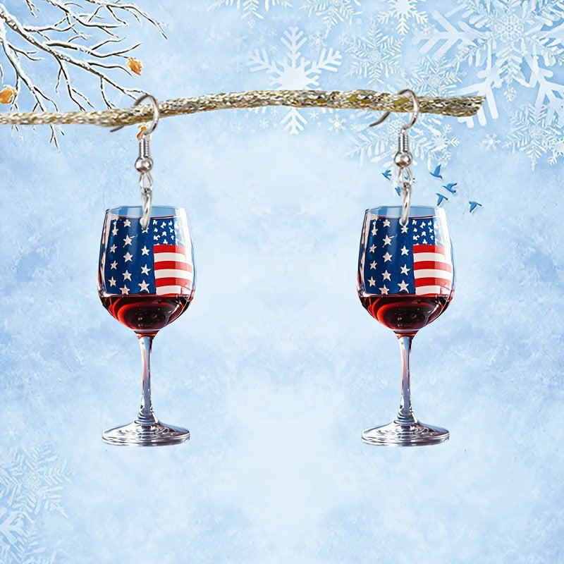 1Women's nan novelty wine glass dangle earrings with patriotic American flag enamel Miroken