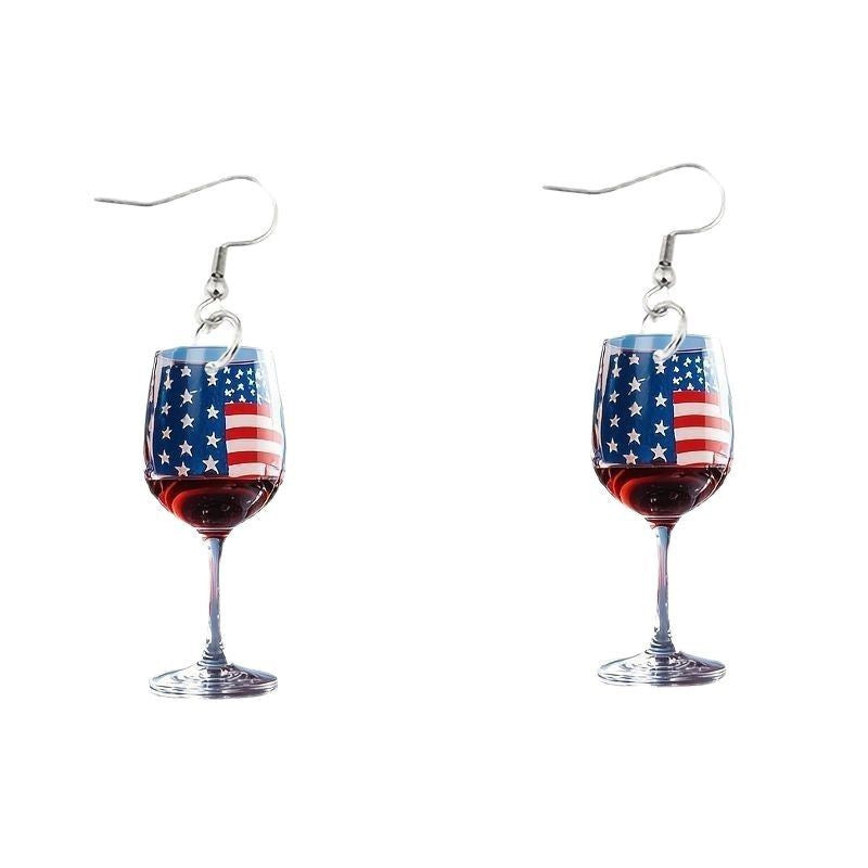 1Women's nan novelty wine glass dangle earrings with patriotic American flag enamel Miroken