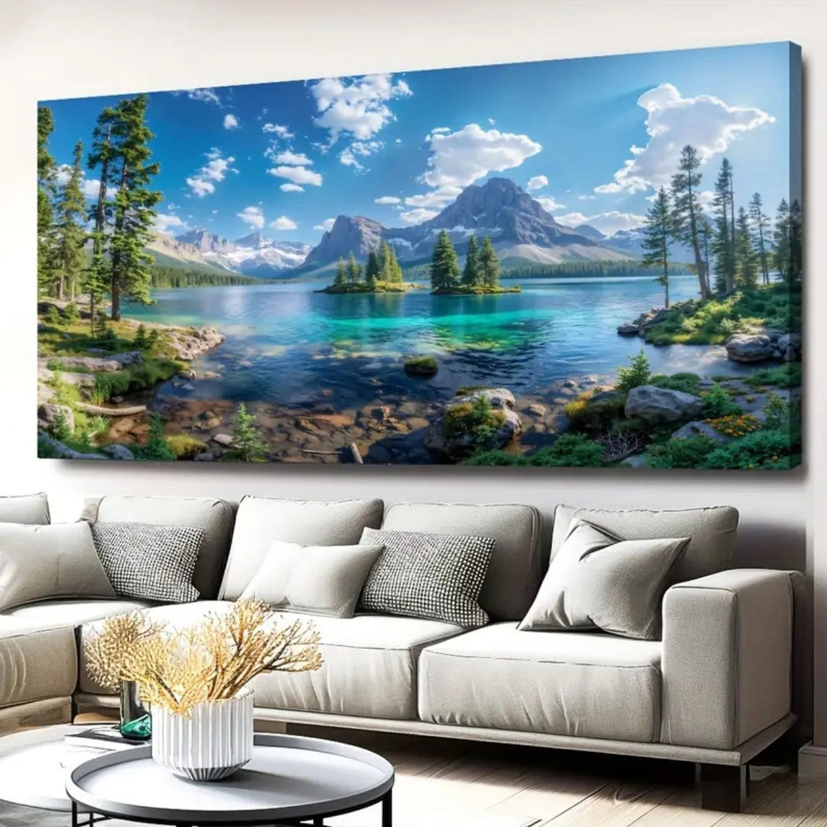 1Panoramic Gallery-Wrapped Mountain Lake Canvas Wall Art Print With High-Definition Archival Inks