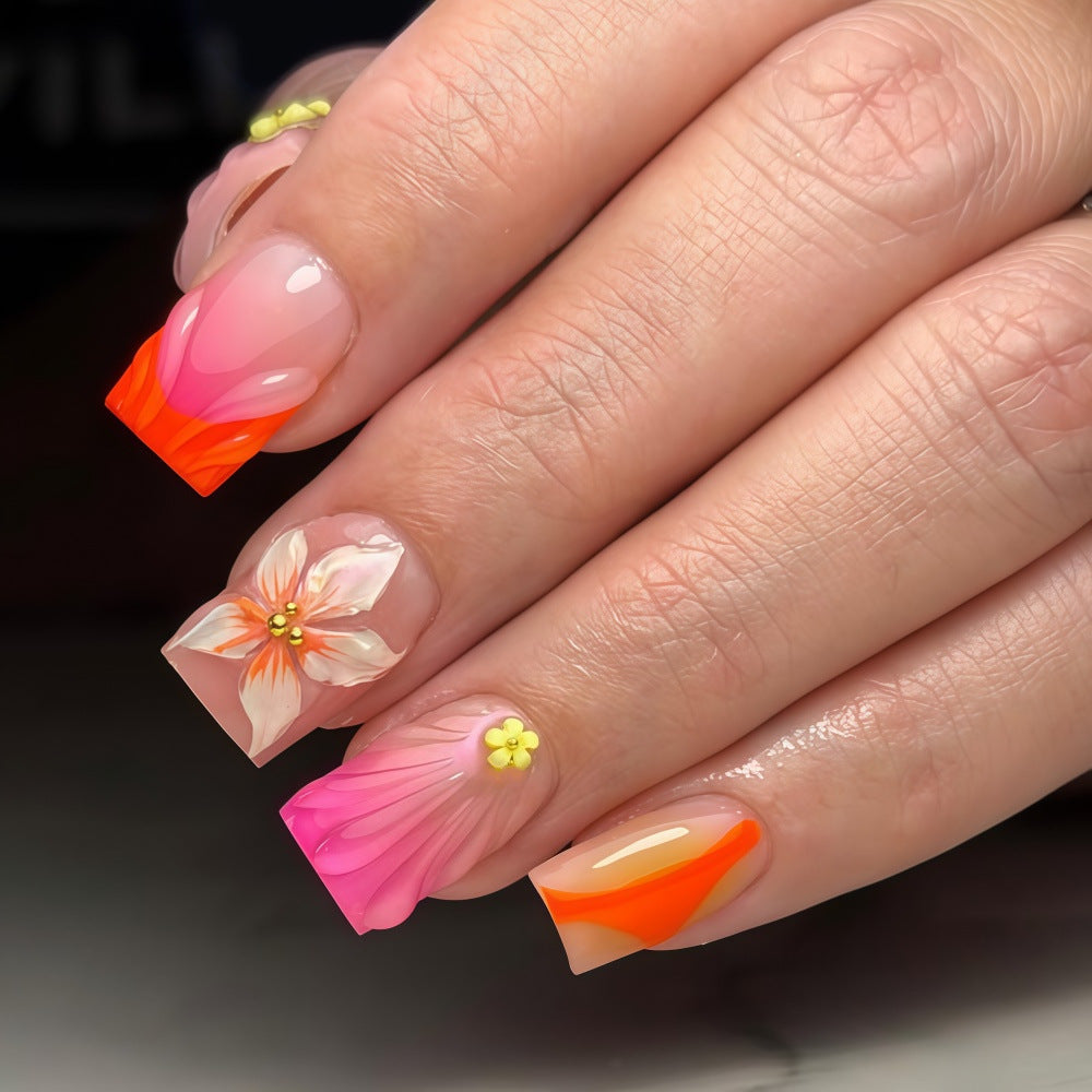 1Artificial nails with floral 3D designs and gradient color Miroken