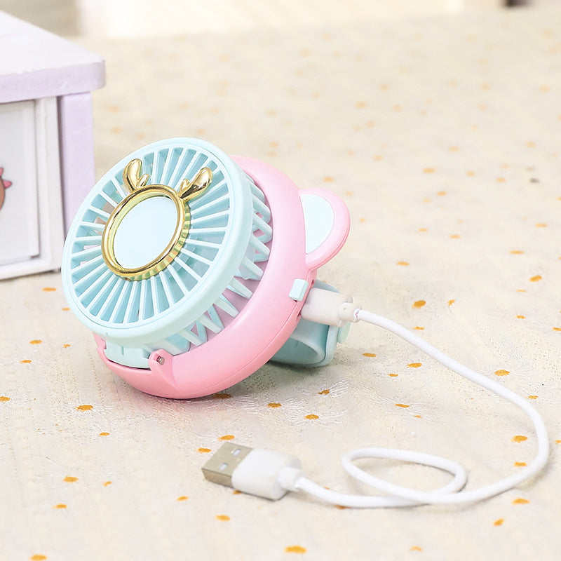 1Ladies portable hand fan with integrated mirror and cute animal design Miroken