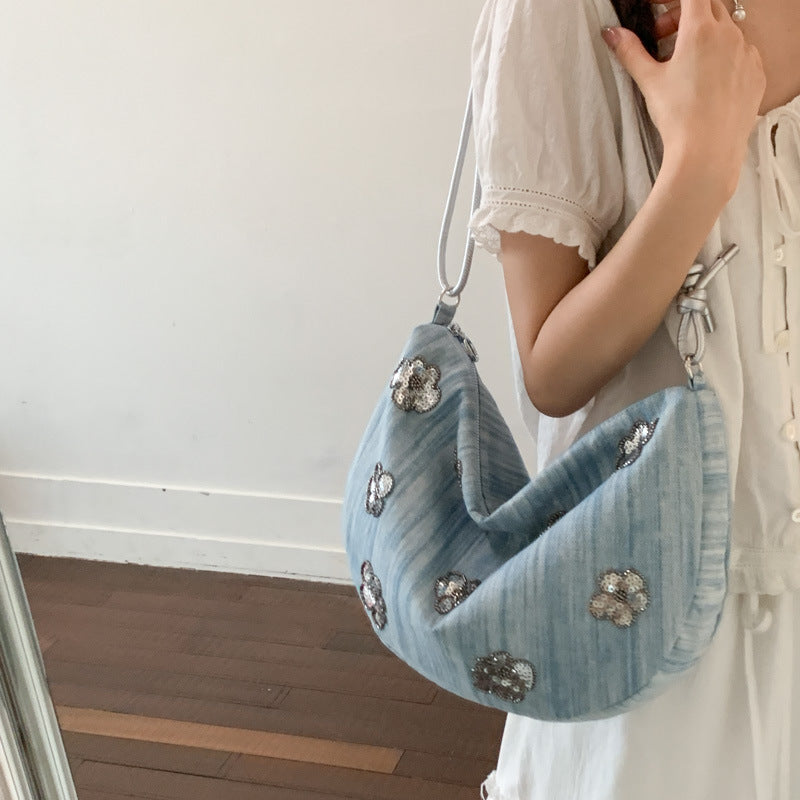1Floral Embellished Denim Handbag Miroken