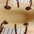 1Handmade beach bag with brown leather handles Miroken