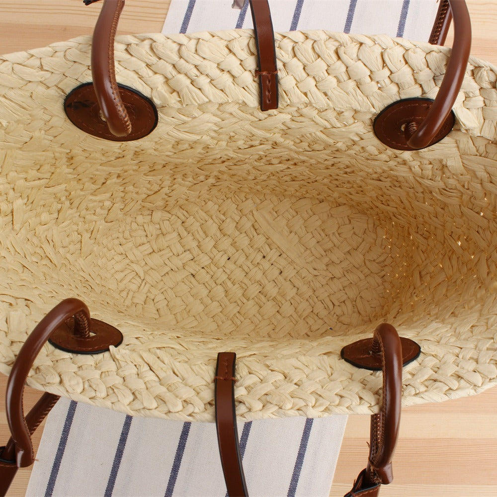 1Handmade beach bag with brown leather handles Miroken