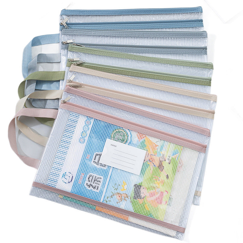 1Transparent Mesh Zipper Pouch Set with Wrist Strap Stationery Organizer Miroken