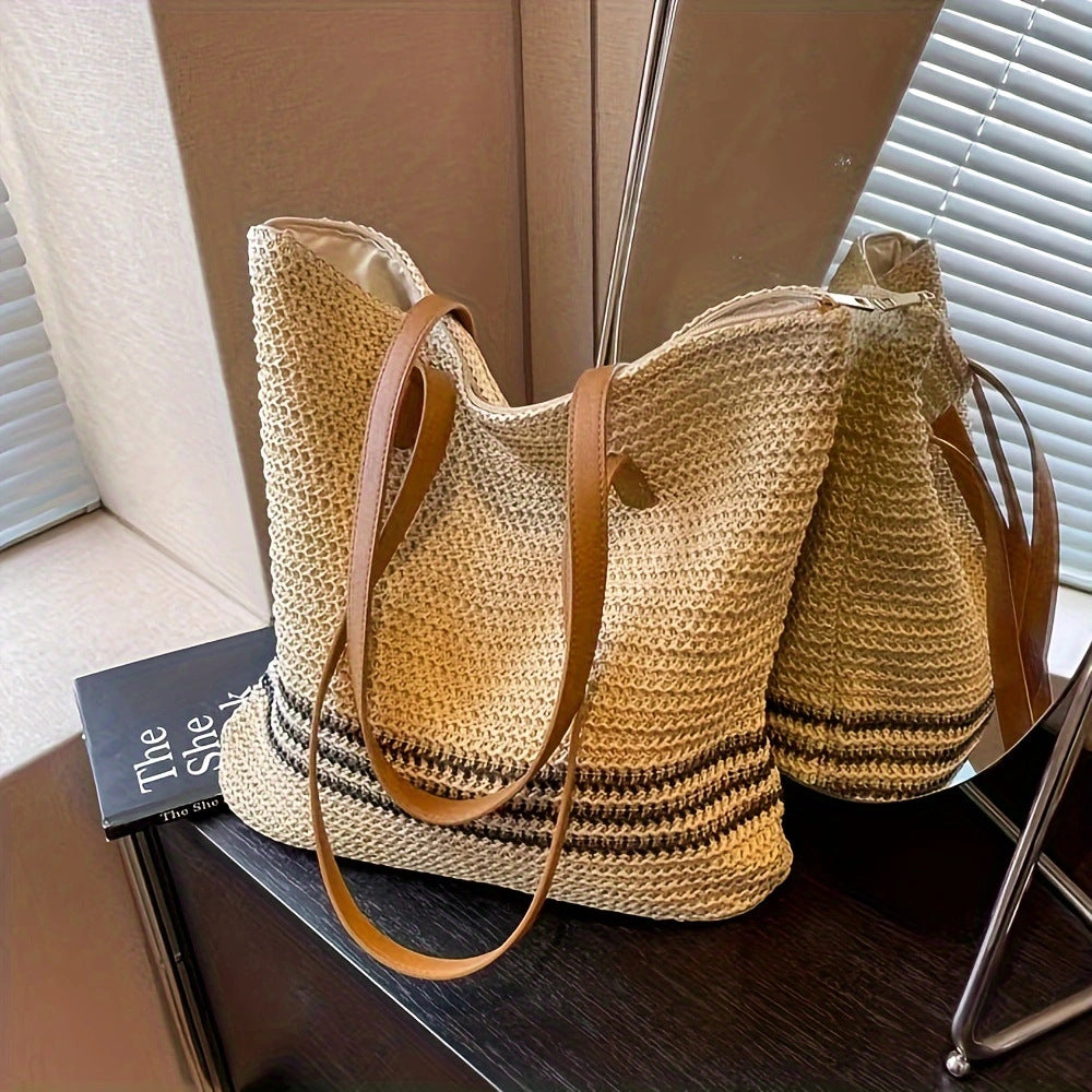 1Fashionable Bast and Leather Tote Bag Miroken
