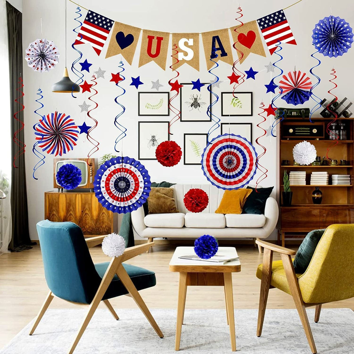 1Unisex multi-piece party decoration set with paper fans pom poms bunting garland Miroken