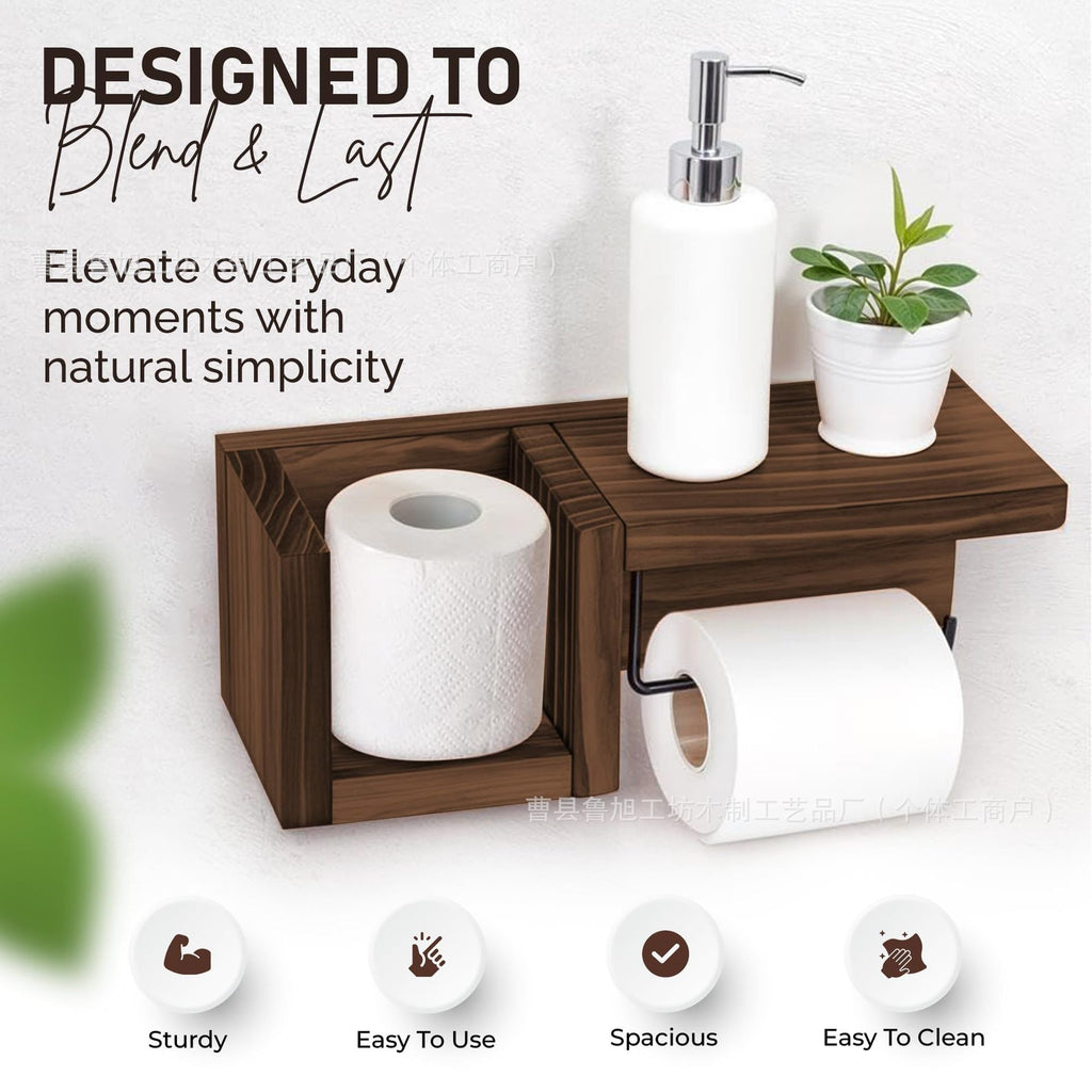 1Wall-Mounted Wooden Toilet Paper Shelf Organizer with Metal Roll Holder and Storage Cubby Miroken