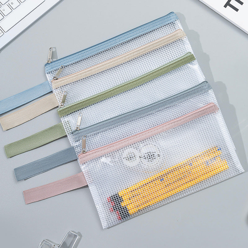 1Transparent Mesh Zipper Pouch Set with Wrist Strap Stationery Organizer Miroken