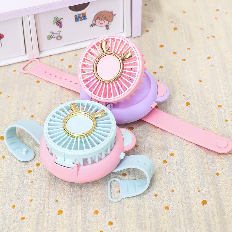 1Ladies portable hand fan with integrated mirror and cute animal design Miroken