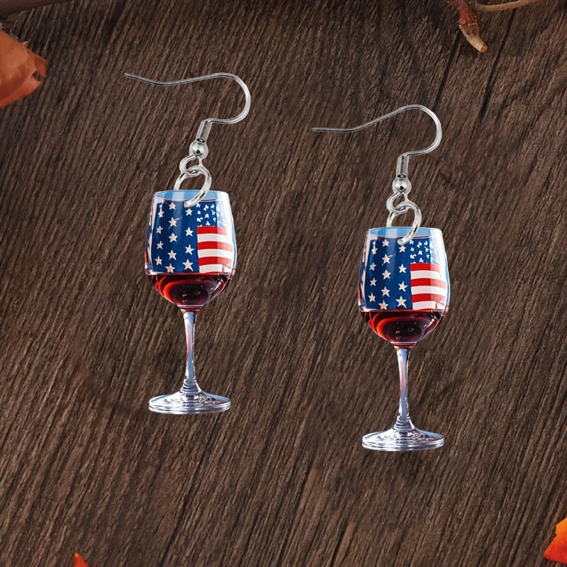 1Women's nan novelty wine glass dangle earrings with patriotic American flag enamel Miroken