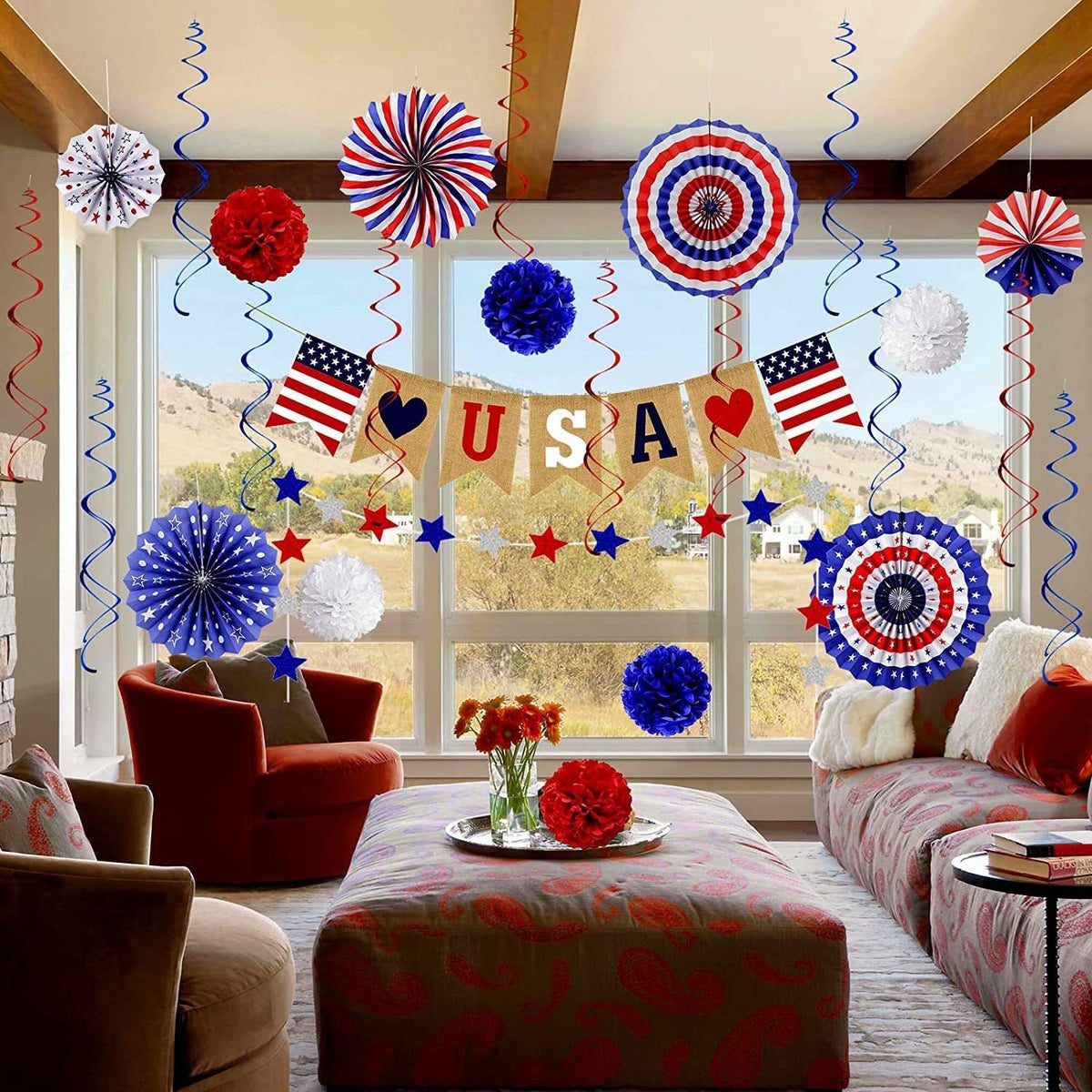 1Unisex multi-piece party decoration set with paper fans pom poms bunting garland Miroken