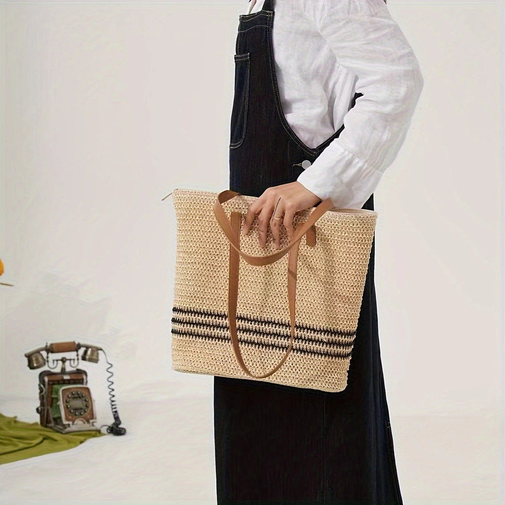 1Fashionable Bast and Leather Tote Bag Miroken