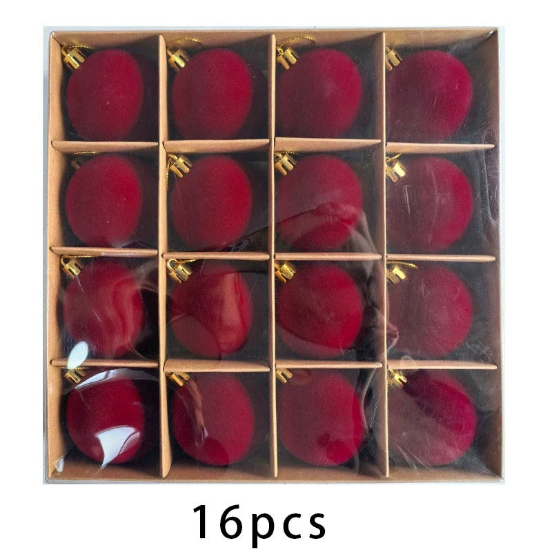 🎁16-Piece Red Velvet Flocked Christmas Ornaments