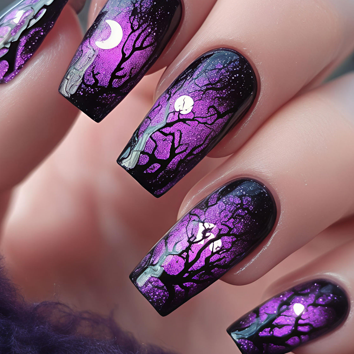 1Artificial nails with Mystical Moon and Tree Design Miroken