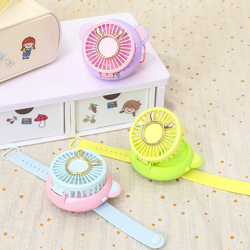 1Ladies portable hand fan with integrated mirror and cute animal design Miroken