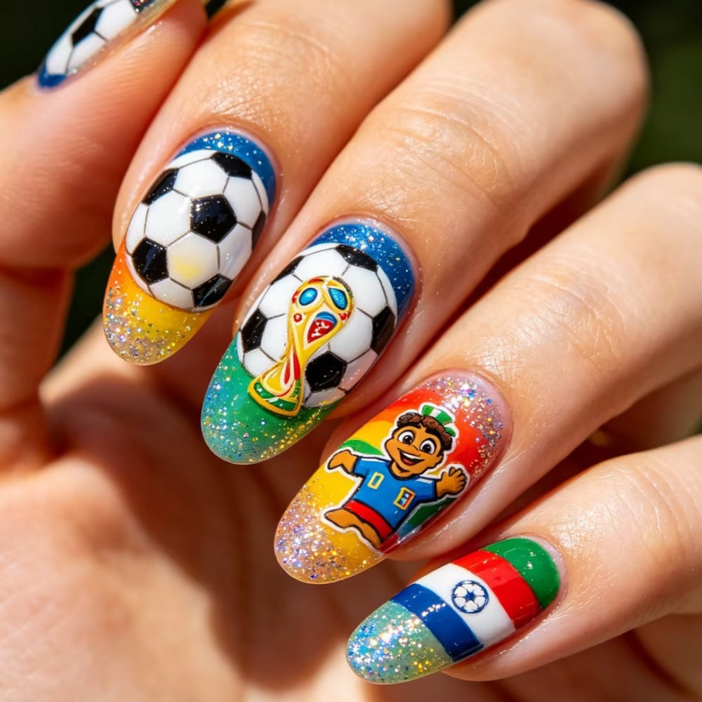 1Artificial nails with football motif and glitter accents Miroken