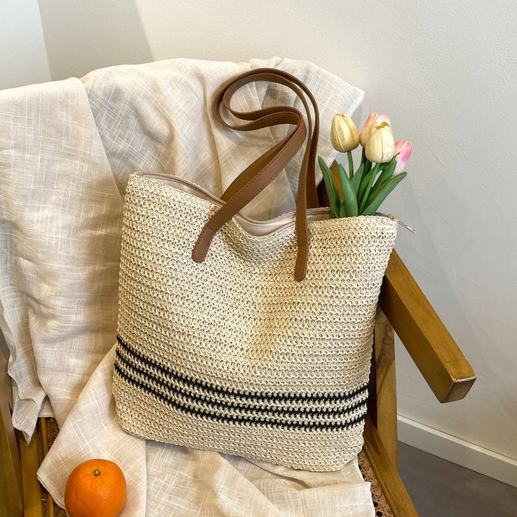 1Fashionable Bast and Leather Tote Bag Miroken