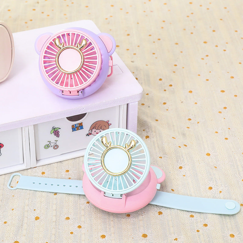 1Ladies portable hand fan with integrated mirror and cute animal design Miroken