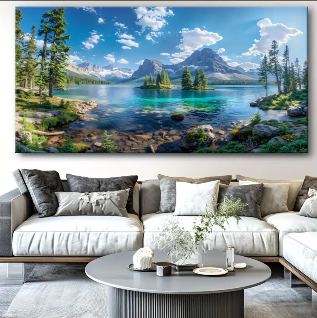 1Panoramic Gallery-Wrapped Mountain Lake Canvas Wall Art Print With High-Definition Archival Inks