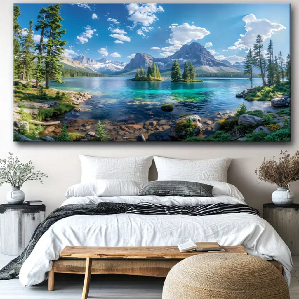 1Panoramic Gallery-Wrapped Mountain Lake Canvas Wall Art Print With High-Definition Archival Inks
