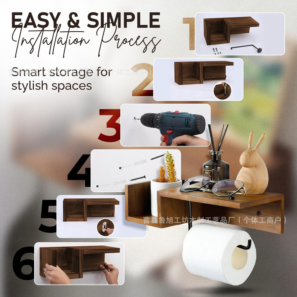 1Wall-Mounted Wooden Toilet Paper Shelf Organizer with Metal Roll Holder and Storage Cubby Miroken