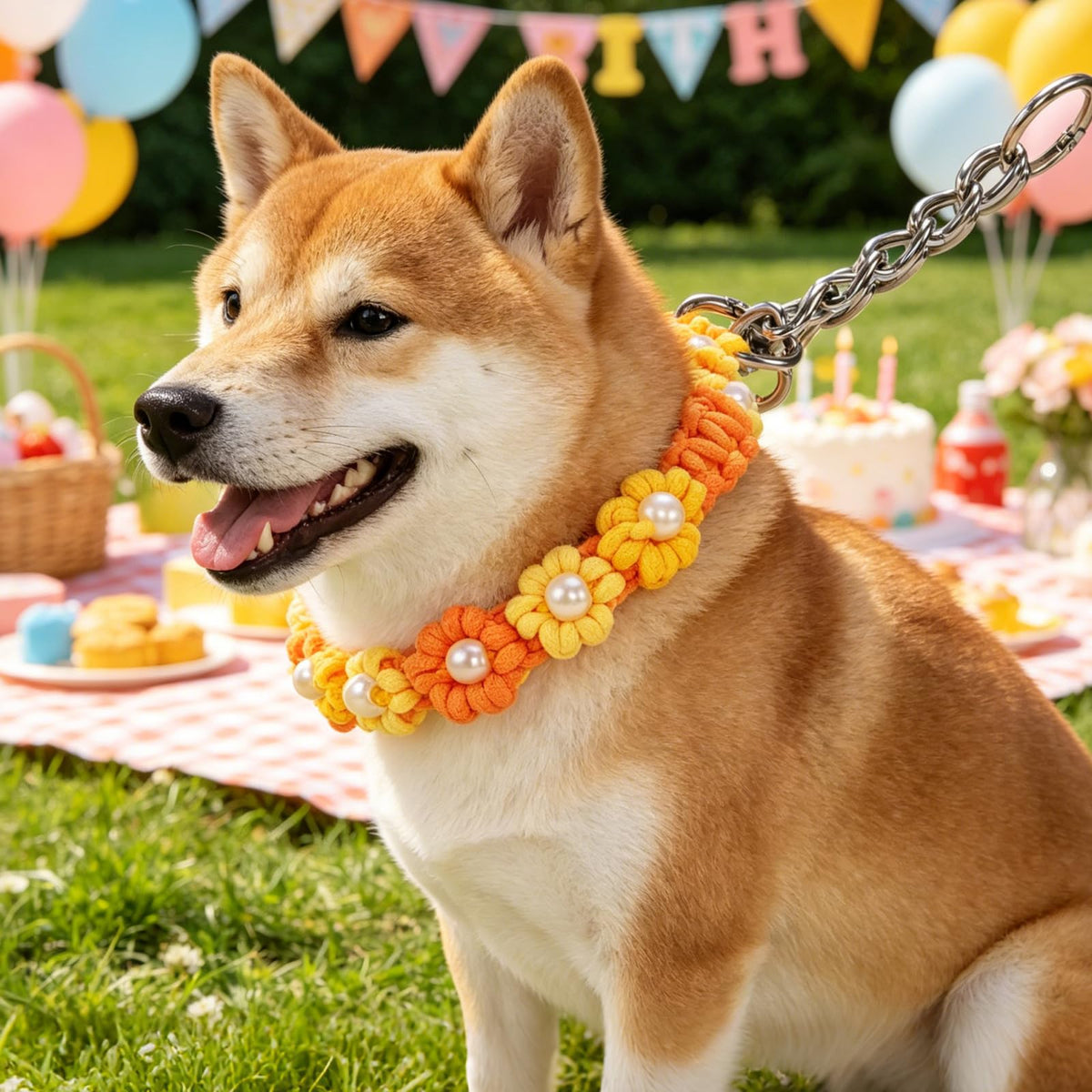 Handmade Floral Paracord Dog Collar with Faux Pearl Accents