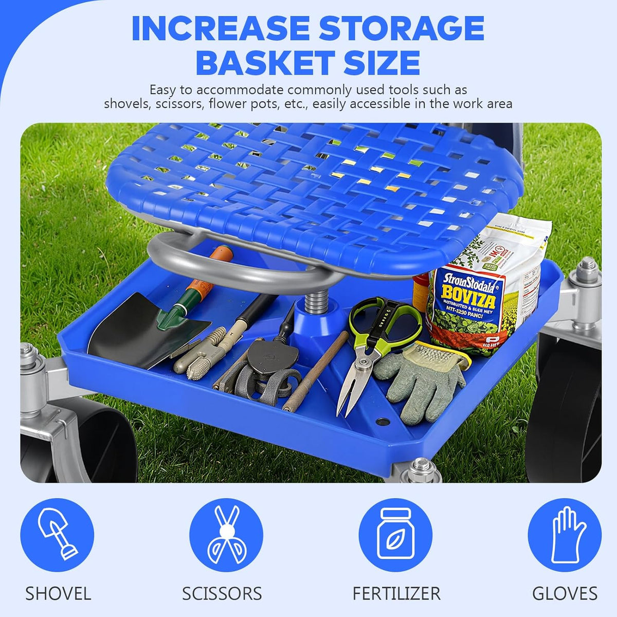 360° Swivel Garden Cart Seat - Adjustable Rolling Gardening Stool with Tool Tray & All-Terrain Wheels