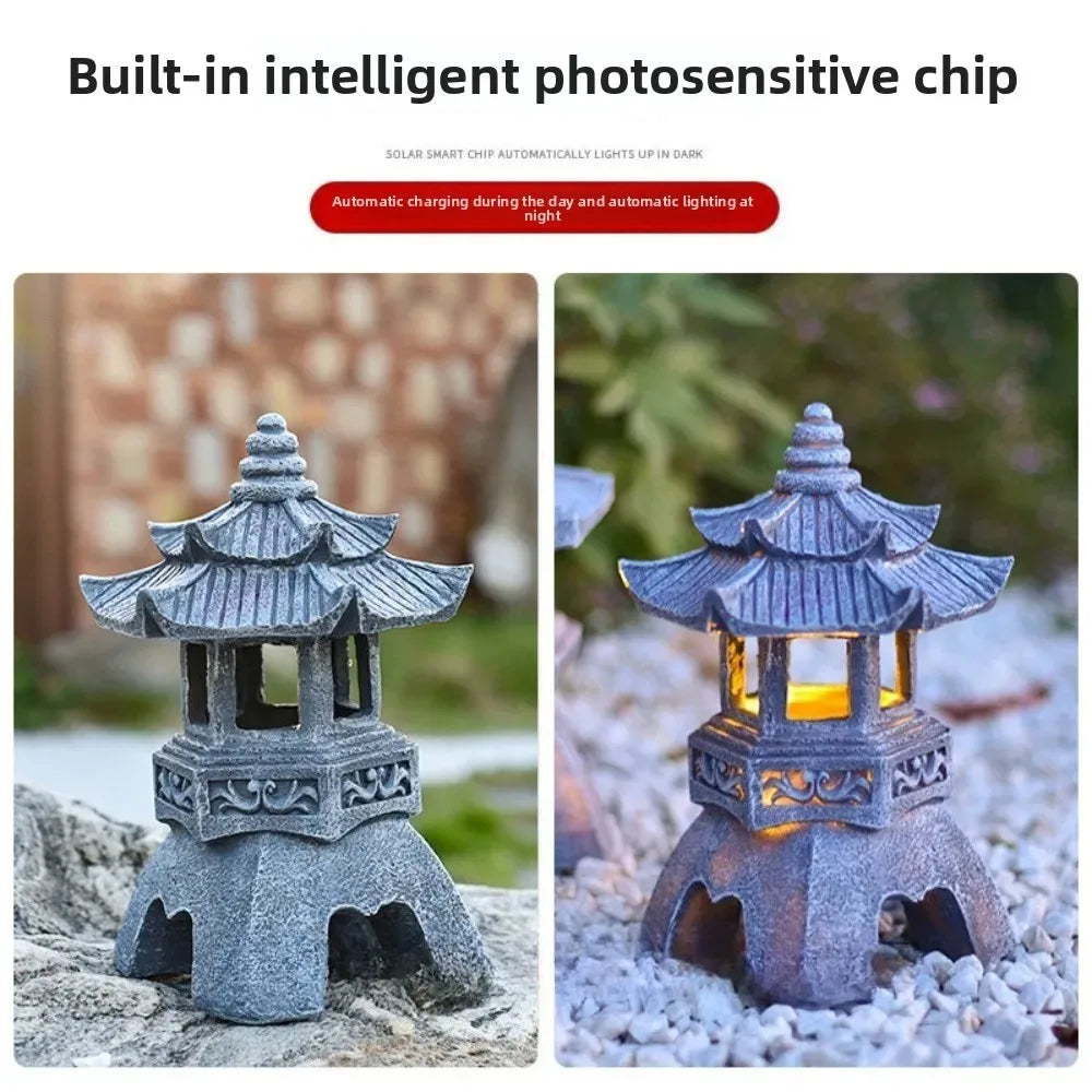 Solar Pagoda Lantern, Stone Resin Solar Garden Light for Outdoor Decor