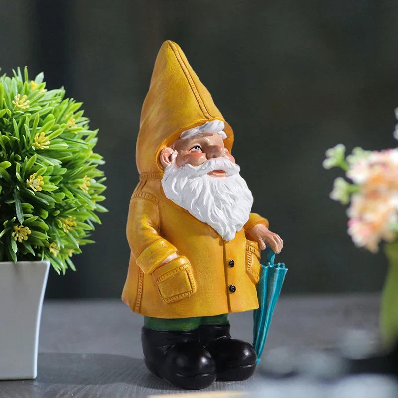 Garden Gnome Statue with Yellow Umbrella Resin Yard Decor