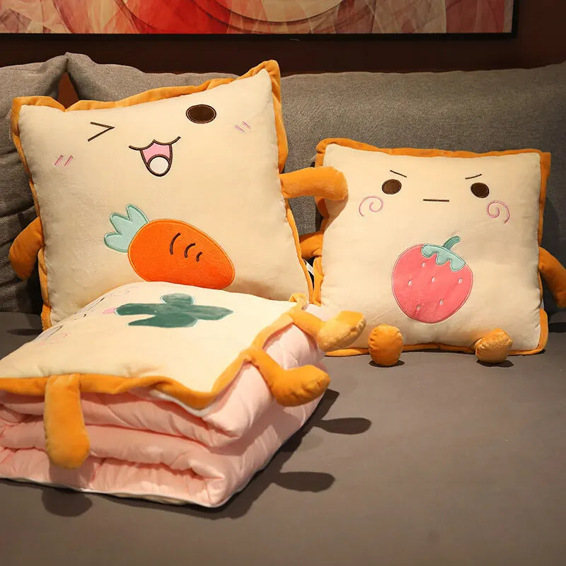 Playful Cartoon Toast Foldable Travel Pillow Blanket
