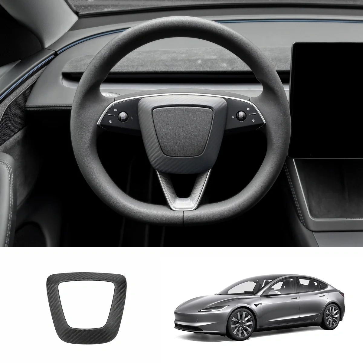 [Real Carbon Fiber] Steering Wheel Airbag Center Trim Cover for Tesla Model 3 Highland 2024+