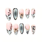 Short Almond Press On Nails – Green Leopard & 3D Floral Design