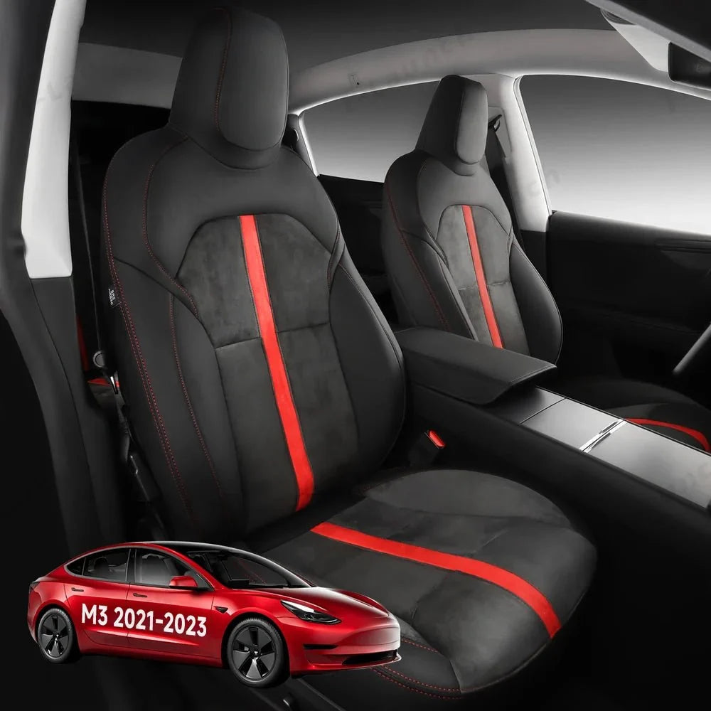Alcantara All-Inclusive Seat Covers for Tesla Model 3 (2018-2025+) / Model Y (2021-2025+) (Luxury Red Stitching Design)