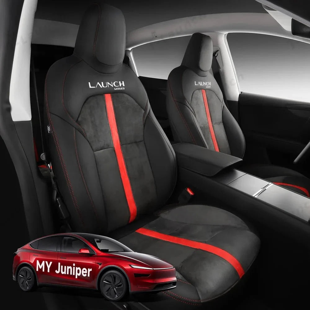 Alcantara All-Inclusive Seat Covers for Tesla Model 3 (2018-2025+) / Model Y (2021-2025+) (Luxury Red Stitching Design)