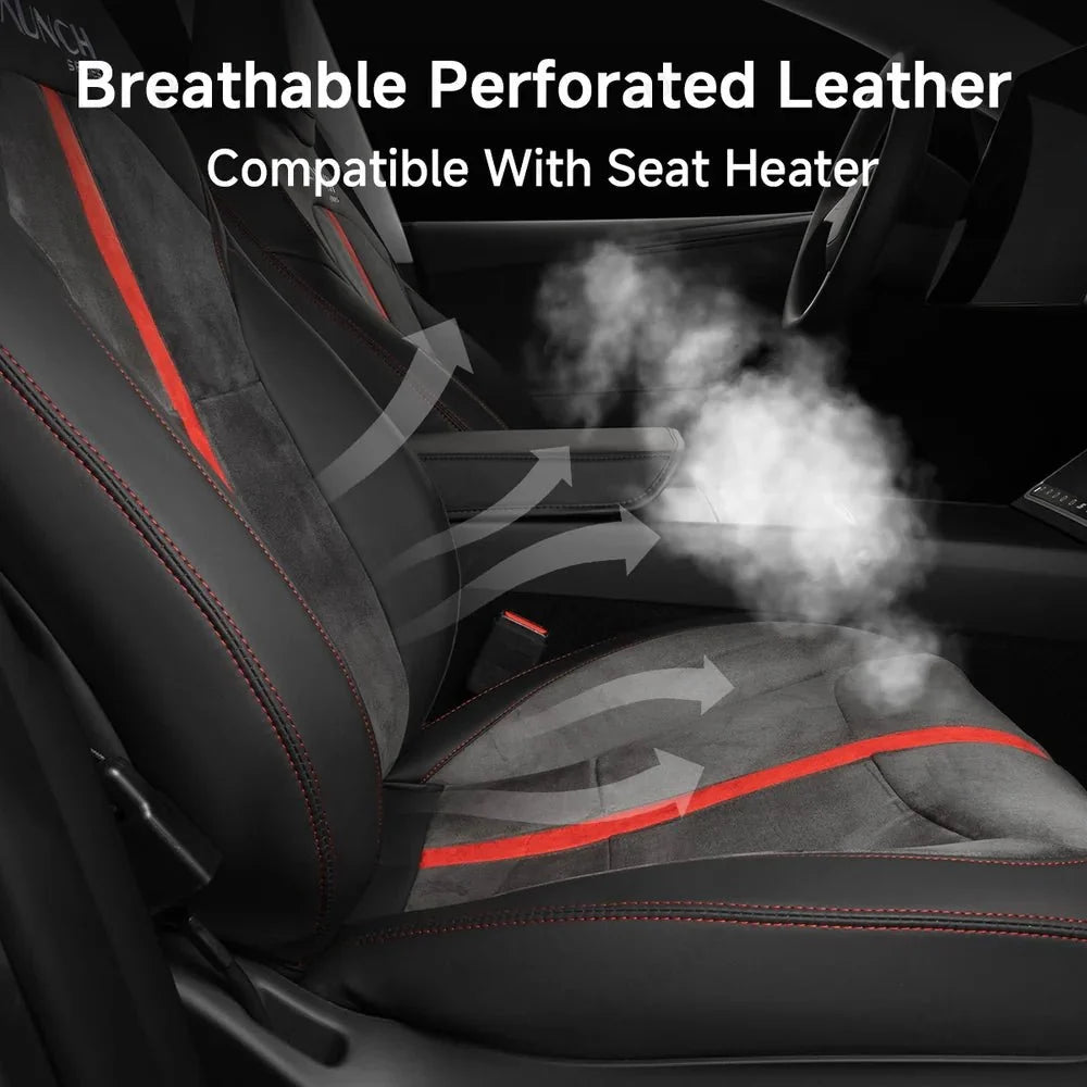 Alcantara All-Inclusive Seat Covers for Tesla Model 3 (2018-2025+) / Model Y (2021-2025+) (Luxury Red Stitching Design)