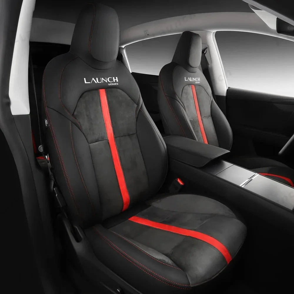 Alcantara All-Inclusive Seat Covers for Tesla Model 3 (2018-2025+) / Model Y (2021-2025+) (Luxury Red Stitching Design)