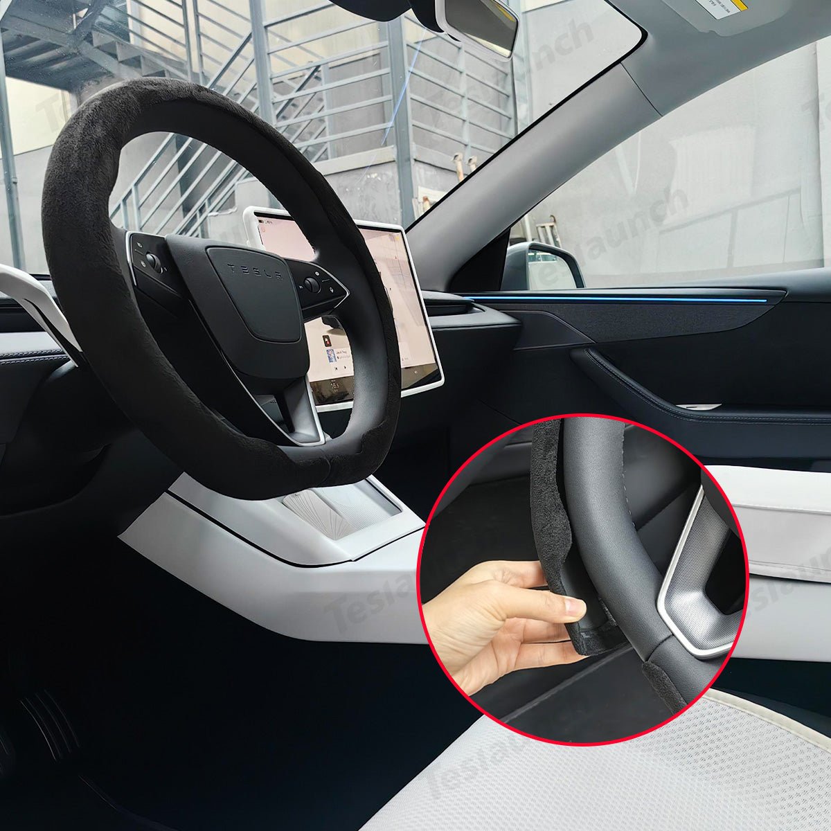 Alcantara Steering Wheel Cover (Hand Stitch, Half-Open, One-Piece) for Tesla Model 3 Highland Standard 2025+