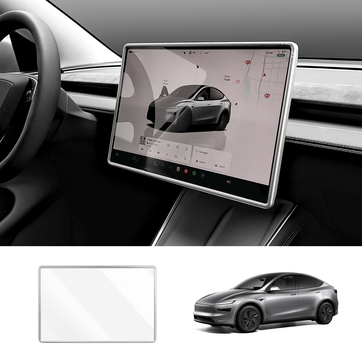 All-in-One Central Screen Tempered Glass & Frame Cover for Tesla Model Y Juniper 2025+