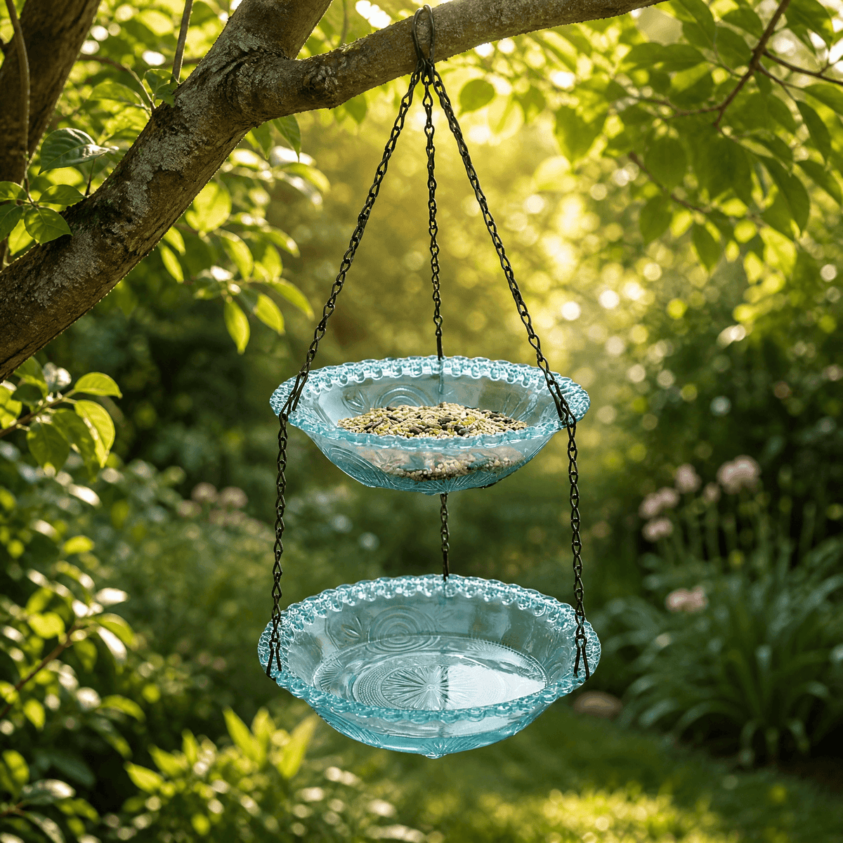 Vintage Dual-Tier Hanging Bird Feeder and Bird Bath for Outdoor Garden