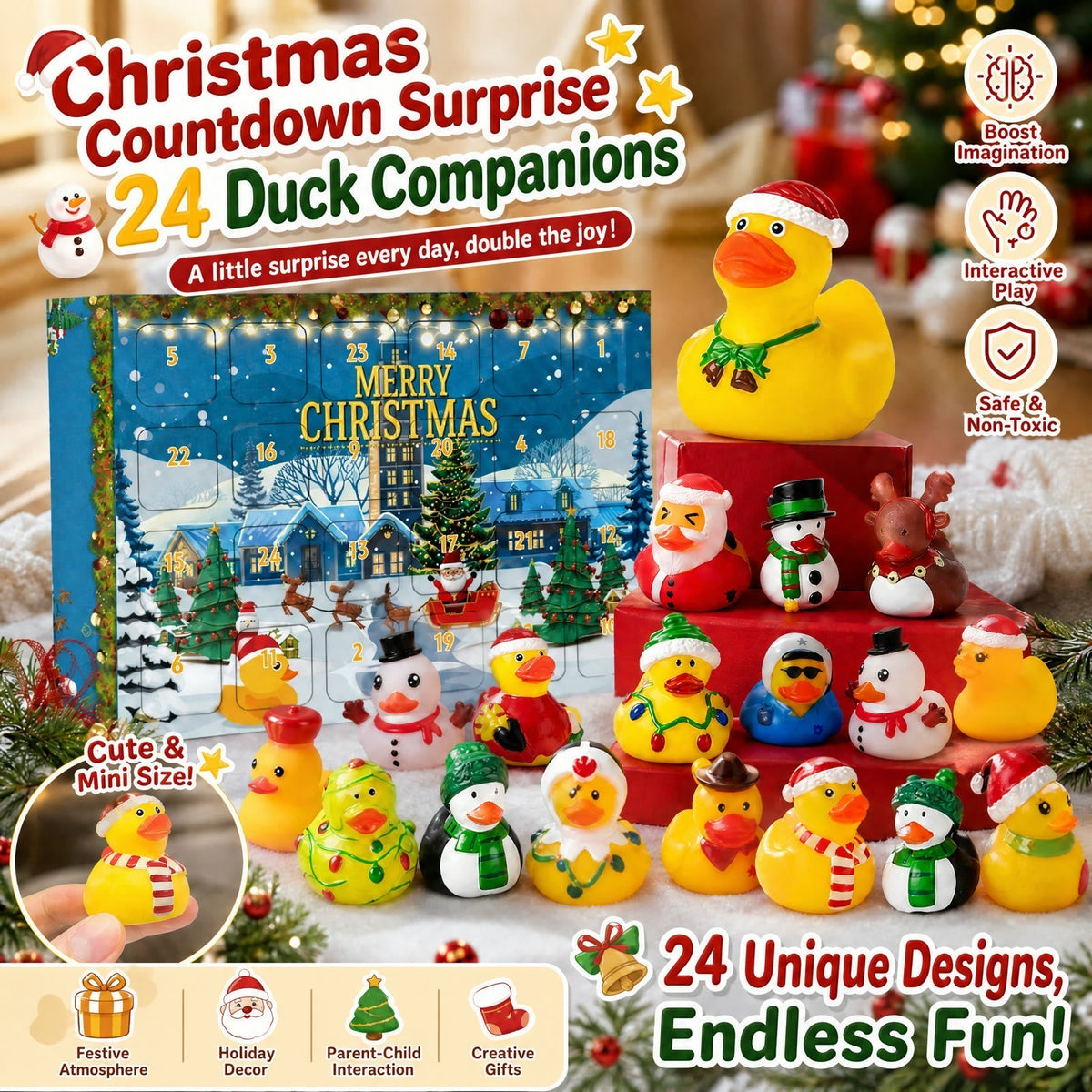 Rubber Duck Advent Calendar 2026 - 24 Christmas Rubber Ducks, Yellow or Pink