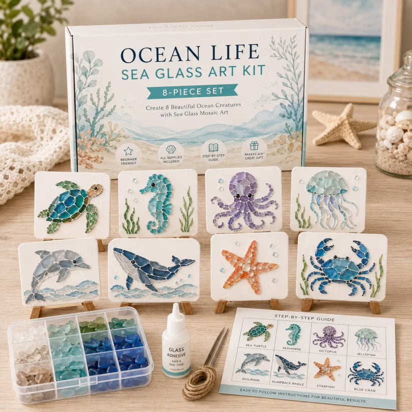 DIY Sea Glass Mosaic Art Kit – Create Beautiful Ocean-Inspired Artwork with Colorful Glass Pieces, Coastal Home Decor & Creative Handmade Gift