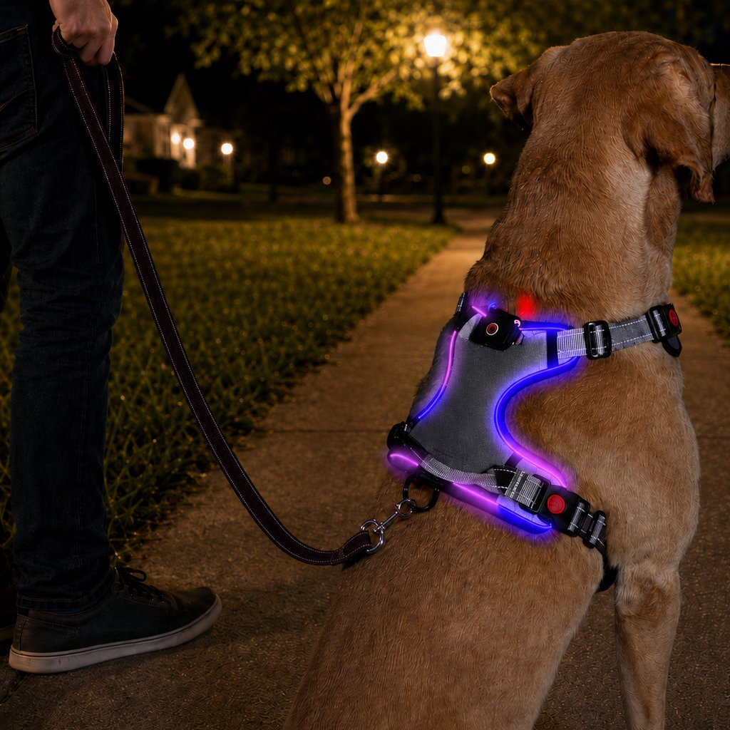 MirokenRechargeable LED Dog Harness for Night Walks - Back-Panel Glow & Reflective Webbing for Better Low-Light Visibility
