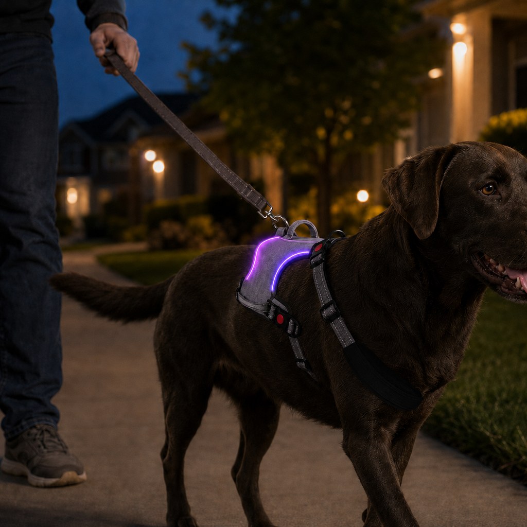 MirokenRechargeable LED Dog Harness for Night Walks - Back-Panel Glow & Reflective Webbing for Better Low-Light Visibility