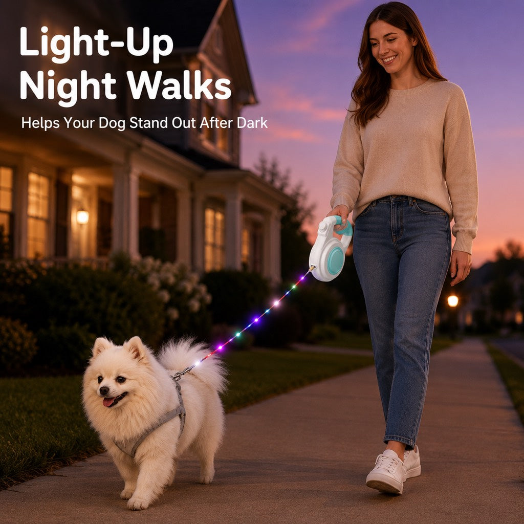 MirokenRechargeable Light-Up Retractable Dog Leash for Night Walks - Helps Small Dogs Stay Visible & Easy to Control