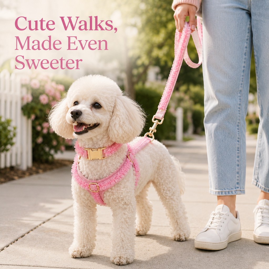 MirokenBoutique Lace Dog Harness, Collar & Leash Set for Birthday Photos & Daily Walks - 3-Piece Ruffle Walking Set