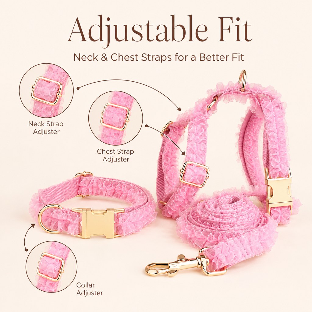 MirokenBoutique Lace Dog Harness, Collar & Leash Set for Birthday Photos & Daily Walks - 3-Piece Ruffle Walking Set