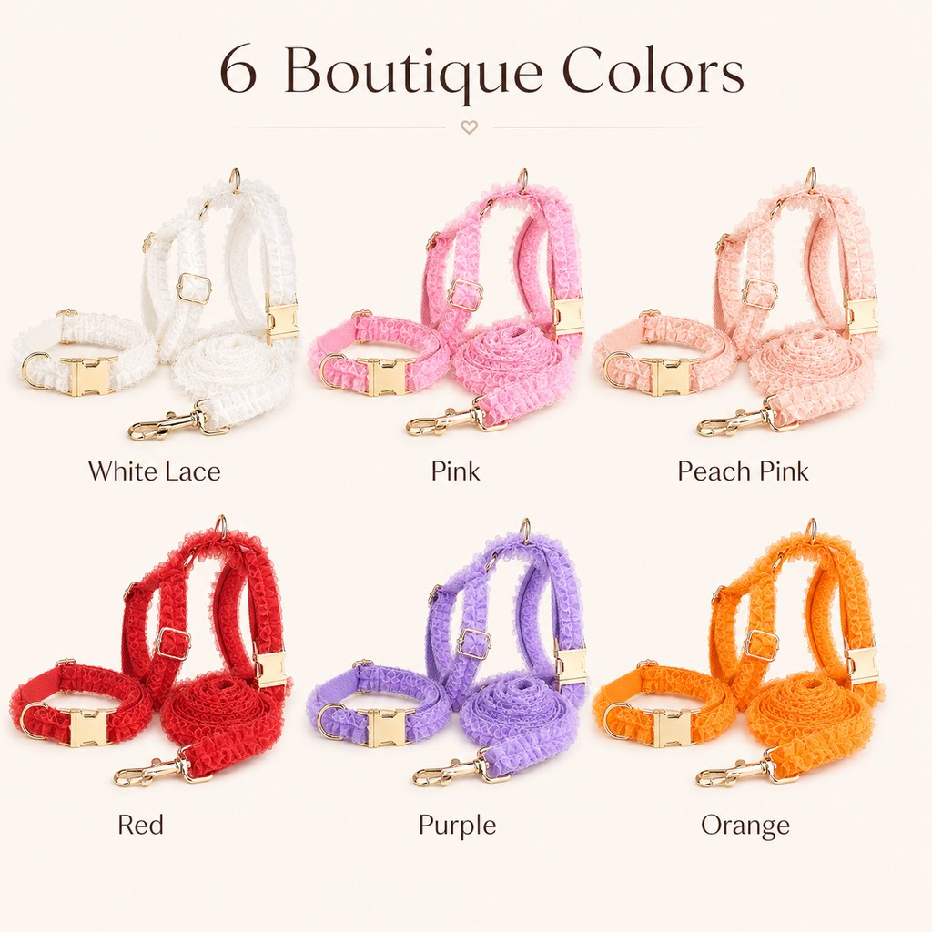 MirokenBoutique Lace Dog Harness, Collar & Leash Set for Birthday Photos & Daily Walks - 3-Piece Ruffle Walking Set